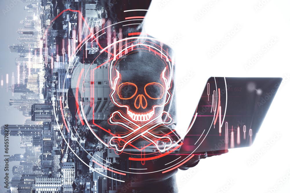 Poster abstract hacker using laptop with digital skull hologram on blurry night city view background. hacki