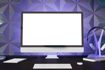 Creative designer desktop with empty white mock up computer monitor, various items and decorative purple wall in the background. 3D Rendering.