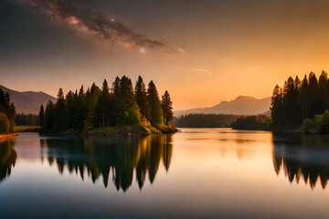 a lake suitable for fishing, a beautiful lake in the morning, a calm morning atmosphere