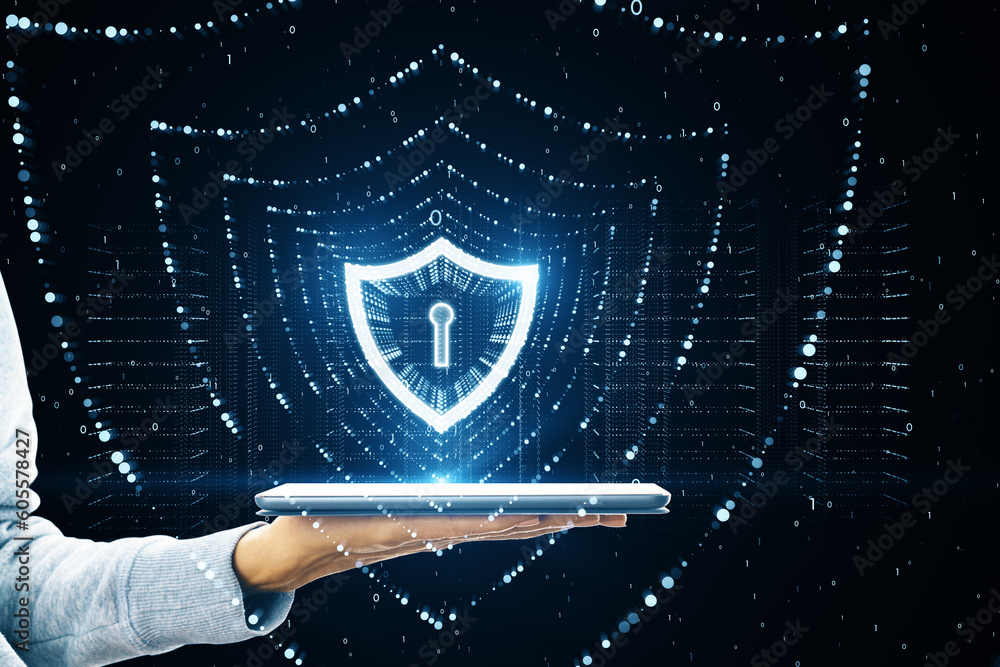 Poster close up of female hand holding cellphone with glowing polygonal web security shield hologram on dar