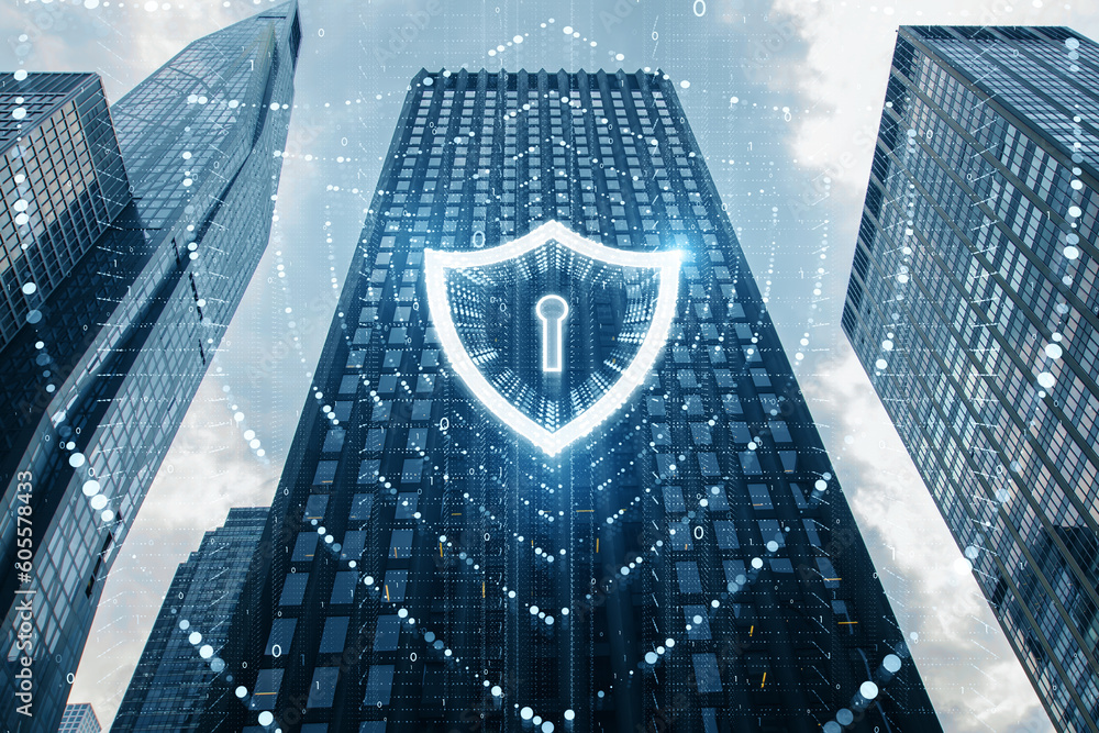 Poster glowing polygonal web security shield hologram on blurry city background. digital interface and prot
