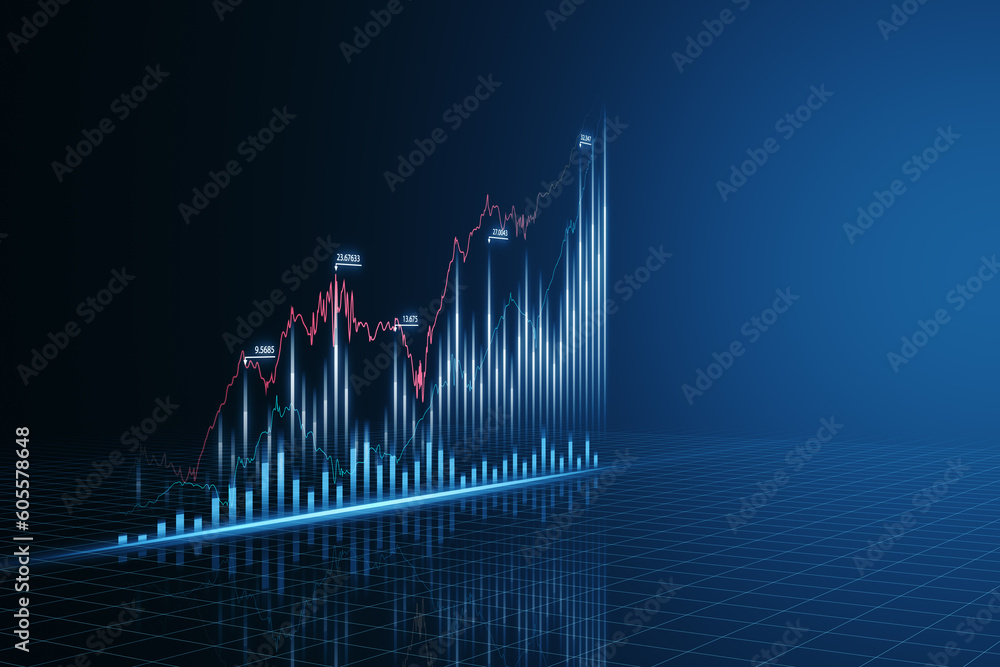 Poster perspective view of modern growing financial graph with rising up arrow on dark blue background with