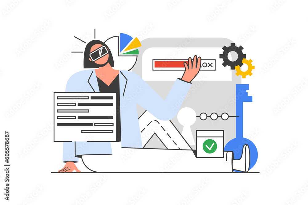 Aufkleber Cyberspace outline web concept with character scene. Woman in VR headset working with data at screens. People situation in flat line design. Illustration for social media marketing material.