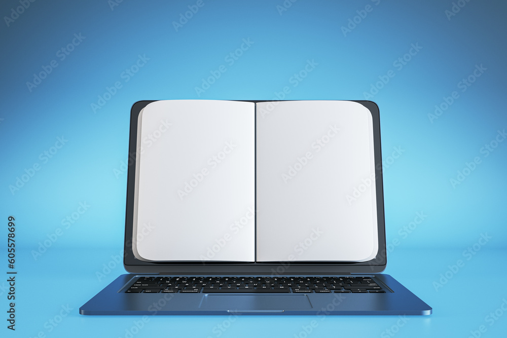 Poster e-book library and digitalization concept with front view on blank white notebook pages for advertis