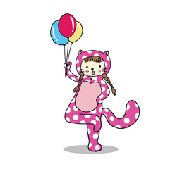 cat girl mascot with balloons, hand drawn style vector