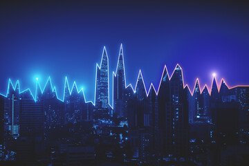 Creative digital night city skyline background. Technology and metaverse concept.