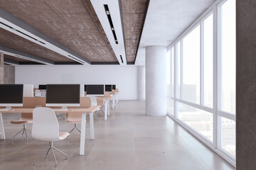 Light coworking office interior with furniture, equipment and other objects in daylight. 3D Rendering.