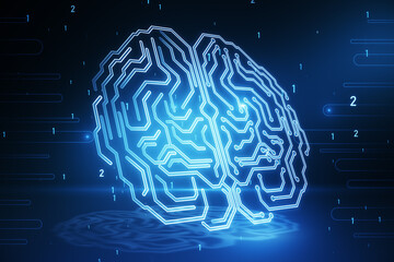 Artificial intelligence, data mining, machine and deep learning concept with digital glowing microcircuit in form of human brain on abstract blue technological background. 3D rendering