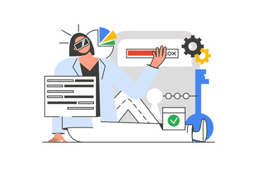 Cyberspace outline web concept with character scene. Woman in VR headset working with data at screens. People situation in flat line design. Illustration for social media marketing material.