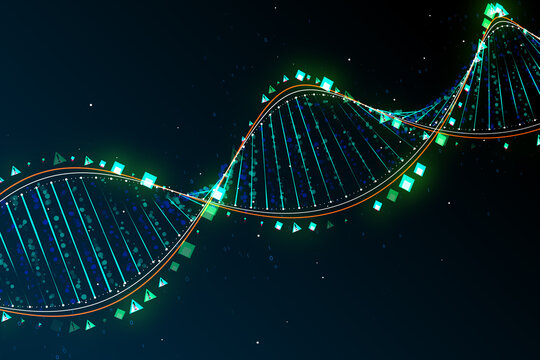 Innovation, science, machine learning and genetics concept with bright digital DNA molecule made from binary code and pixels on abstract dark background. 3D rendering