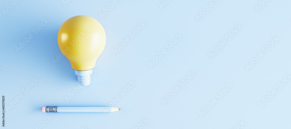Poster creative lamp and pencil on wide blue background with mock up place. idea and innovation concept. 3d