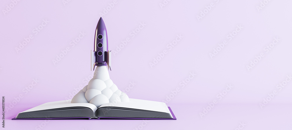 Poster creative rocket launching off book on wide white background with mock up place. back to school, educ