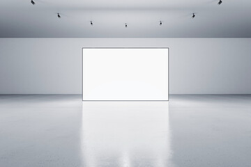 Front view of blank white glowing digital screen in grey hall interior with concrete floor and light wall. Presentation concept. Mockup, 3D Rendering