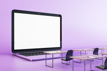 Creative classroom with empty white laptop chalkboard on purple backdrop. Online education and webinar concept. 3D Rendering.