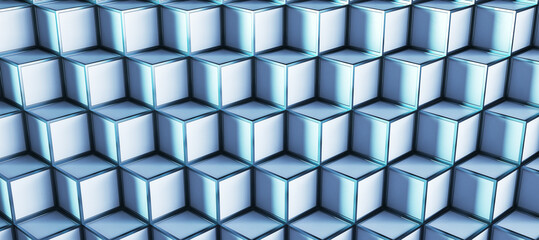 Creative blue wide cubes pattern background. Landing page concept. 3D Rendering.