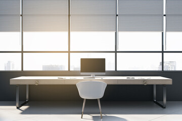 Contemporary office interior with panoramic windows and city view, blinds, empty mock up computer screen, furniture and sunlight. 3D Rendering.