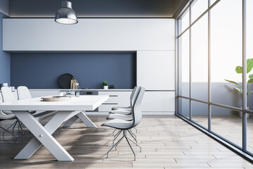 Luxury kitchen dining area with balcony, panoramic windows and lamp. Interior designs concept. 3D Rendering.