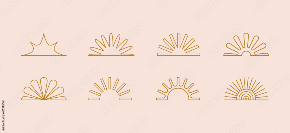 Poster Vector set of linear boho icons and symbols - sun logo design templates  - abstract design elements for decoration in modern minimalist style for social media posts