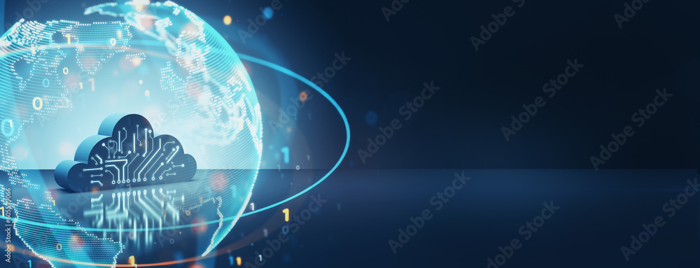 Poster Global cloud computing, information, data exchange and storage concept with digital cloud symbol and digital world sphere on abstract dark blue technological background. 3D rendering
