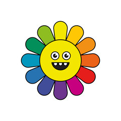 Vector illustration in simple linear style - design templates and stickers - rainbow flower with smiling face, hippie, happy and groovy smiley characters, feel good