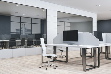 Contemporary wooden and concrete coworking office interior with glass, reflections and furniture. 3D Rendering.