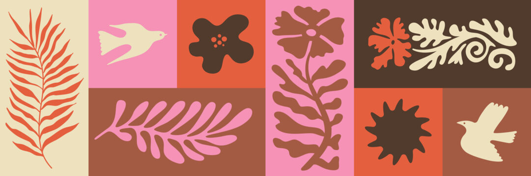 Vector illustration in simple hand drawn and linocut style - natural print, poster or logo design template - spring illustration - birds and flowers