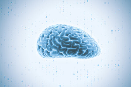 Science, research and technology digital interface concept with blue human brain layout on light background with binary code. 3D rendering