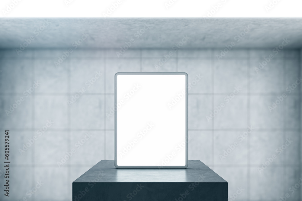 Poster Front view on blank white modern digital tablet screen with space for web design, website or application on black glossy stage in empty room with grey tiles wall background. 3D rendering, mock up