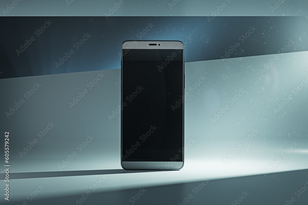 Poster front view on blank dark modern smartphone screen with space for your logo or text on abstract graph
