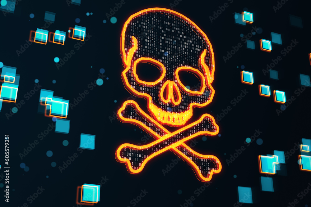 Aufkleber Orange glowing skull and bones digital illustration, dark screen texture background, hacking attack and ransomware concept. 3D Rendering