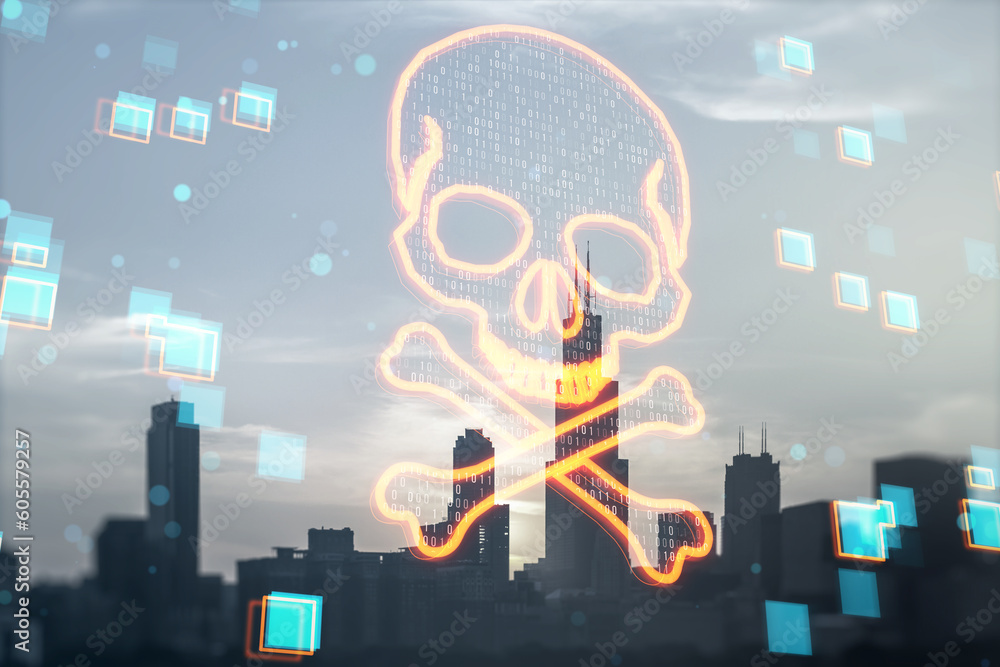 Aufkleber Abstract glowing digital binary code skull on blurry toned city background. Hacking, piracy, malware and data theft concept. Double exposure.