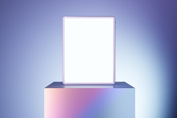 Empty white screen tablet on creative square pedestal placed on light gradient background with mock up place. Ad concept. 3D Rendering.