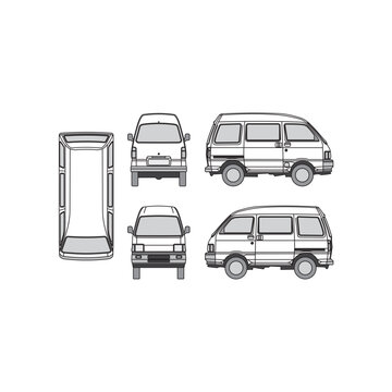 minibus outline, year 1996, white background, front, back, top and side view