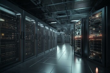 Plakat 3D rendering of network servers in data center on white background. Generative AI