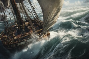 Sailboat battles raging sea, depicted in printable oil painting. Generative AI