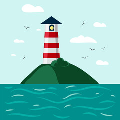 Lighthouse on the rocks of the islands around the sea ripples cartoon vector background. Lighthouse in the ocean for navigation illustration. Children's illustration for printing as a postcard