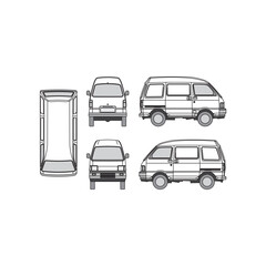 minibus outline, year 1996, white background, front, back, top and side view, part 2