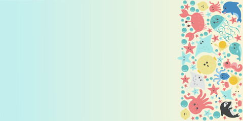 sea life elements background for Website banner template, card, invitation. Border from sea animals, octopus, narwhal, crab, dolphin, fish, lobster, sea horse, squid, bubbles. Vector illustration