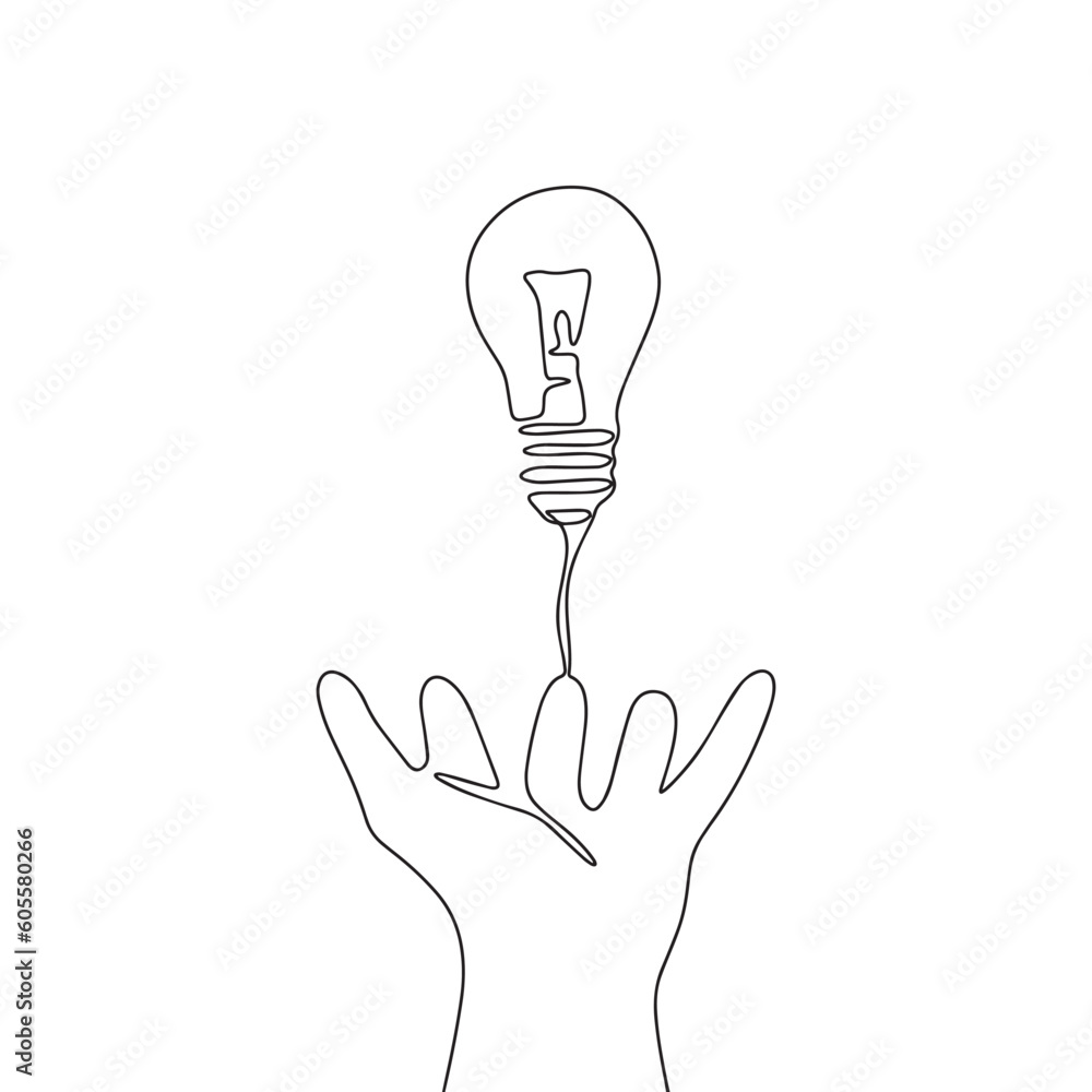 Poster idea concept, bulb lamp on hand. continuous line one drawing. vector illustration. simple line illus
