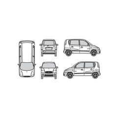 car outline, year 1999, isolated white background, front, back, top and side view