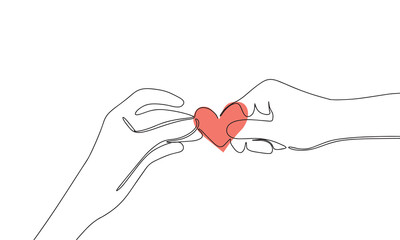 Sign heart in two hands. Concept of love. Continuous line one drawing. Vector illustration. Simple line illustration.