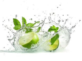 Fototapeta na wymiar Fresh sour lime citrus with splashes of water