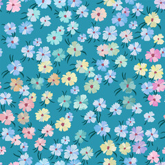 Vector seamless pattern with lots of small flowers of different colors on a turquoise background.