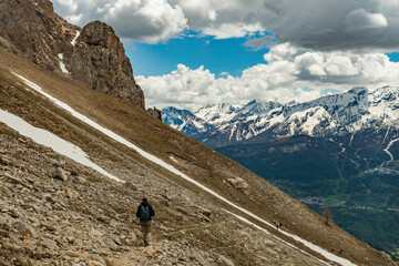 Hiking in the Ecrins massif under the Cime de la Condamine in the French Alps