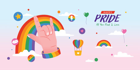 Pride Month Poster With I Love You Hand Gesture, Rainbow, Balloon, Vector, Illustration