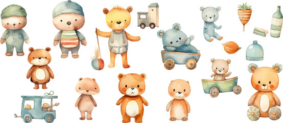 Fototapeta premium toy watercolor clipart neutral colors for kids simple drawing cute