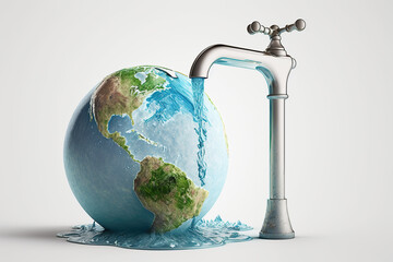 World Water Day Concept. Tap with flowing water from planet Earth - obrazy, fototapety, plakaty