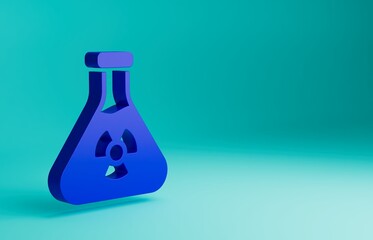 Blue Laboratory chemical beaker with toxic liquid icon isolated on blue background. Biohazard symbol. Dangerous symbol with radiation icon. Minimalism concept. 3D render illustration