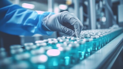 Hands with sanitary gloves examining Medical vials on a production line in a pharmaceutical factory with Generative AI.