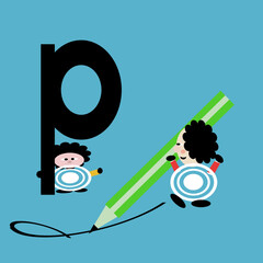 Doll with pencil writing P letter